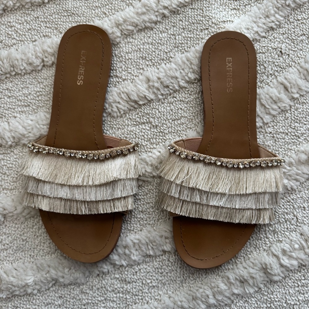 Express Fringe Tassel Sandals With Jewels Womens Size 6.5 Summer Vacation Shoes